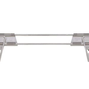 The metallic skirt hanger, echoing the sleek Metro MQL42-2S Stackable Shelf Ledge for MetroMax Q design, features two adjustable clips for a secure clothing grip. Its minimalist allure against a plain white backdrop embodies utility and style.