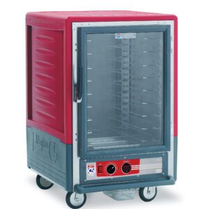 The Metro C535-HFC-U C5 3 Series is a red, 1/2 height insulated holding cabinet on wheels with universal wire slides, a full-length clear door with handle, bottom control knobs, and operates efficiently at 120V, 60Hz.