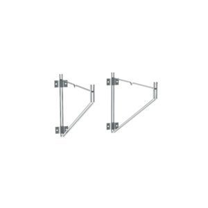Two silver Metro 18WB1C Erecta Shelf Wall Mounts, mounted on a white wall, feature a triangular structure and are designed for an 18 wide wire shelf. Each has three screw holes for secure mounting.