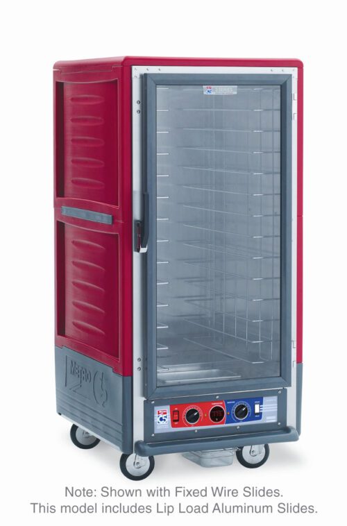 gffnyb4a3ifuz16iaunb9hb6ejnva01i.jpg The Metro C537-CFC-LA is a 3/4 height insulated holding/proofing cabinet with a full-length clear door, red color, and lip load aluminum slides. It operates at 120V, 60Hz, and 2000W. The bottom control panel features knobs and digital displays. Note: Shown with fixed wire slides.