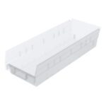 The Metro MB30138CLN Nesting Shelf Bin, measuring 17.8 x 6.6 x 4, is a clear storage solution with slightly angled sides and textured surface, featuring slots for labels or dividers on the front and sides for efficient organization and space-saving.