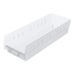 The Metro MB30138CLN Nesting Shelf Bin, measuring 17.8 x 6.6 x 4, is a clear storage solution with slightly angled sides and textured surface, featuring slots for labels or dividers on the front and sides for efficient organization and space-saving.