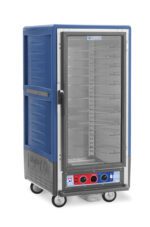The Metro C537-CXFC-U-BUA is a 3/4 height blue insulated holding/proofing cabinet featuring a full-length clear door, on wheels with universal wire slides. It operates at 220-240V, 50/60Hz, and has red and blue knobs on the bottom control panel for storing trays.