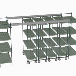 The Metro TT14-E2448M1848P Top-Track Overhead Track Shelving Kit features versatile green metal racks and 48 wide Super Erecta Pro shelves, offering efficient organization and mobility on a sturdy white backdrop for 14 ft. spaces.