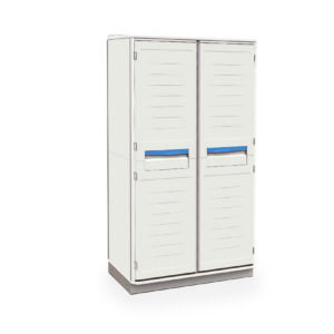 The Metro SXRD72TU5 Starsys Stationary Supply Cabinet has white, closed double doors with blue rectangular handles and horizontal lines. It stands on a gray base, elegantly complementing any setting against a plain white background.