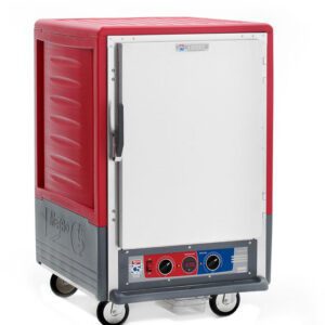 The Metro C535-MXFS-UA C5 3 Series cabinet is a red, insulated moisture heated holding/proofing unit on wheels with a full-length solid door, spacious front access, and control dials at the bottom. It operates efficiently at 220-240V with universal wire slides.