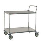 The Metro CRLS432NFS is a sleek, all stainless steel cart for labs and cleanrooms, measuring 24 W x 36 L x 39 H, with two shelves, four wheels, a push handle, and features silver with black trim ideal for transporting items.