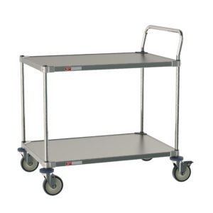 The Metro CRLS432NFS is a sleek, all stainless steel cart for labs and cleanrooms, measuring 24 W x 36 L x 39 H, with two shelves, four wheels, a push handle, and features silver with black trim ideal for transporting items.