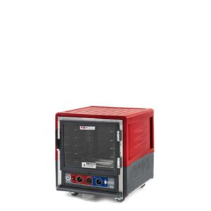The Metro C533-CXFC-UA C5 3 Series Insulated Holding/Proofing Cabinet is a compact red stainless steel unit with a full-length clear door, control knobs on the front panel, and an embossed logo on the side. It operates at 220-240V and stands elegantly on a white background.
