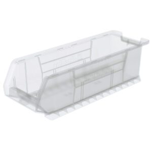 The Metro MB30284CLS Large Stacking Supply Bin, measuring 23.8 x 8.25 x 7, features a clear plastic design with a sloped front and ribbed base, ideal for organizing small items while providing easy visibility of contents.