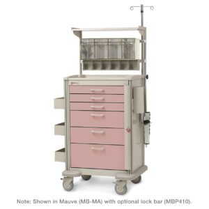 The mauve Metro MBP3210TRAUMA Basix Plus Trauma Cart offers five drawers, a clear top compartment, side storage shelves, an IV pole, and wheels for mobility. Optional custom features are available.