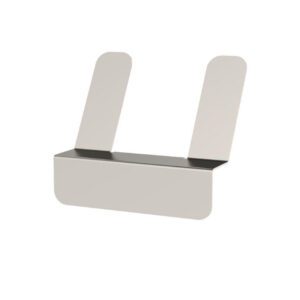 The Metro GB-HOOK Stainless Steel Gowning Bench Shoe Hook is a minimalist, white wall-mounted bracket with two vertical supports extending from a horizontal base, ideal for holding or displaying items against a plain white background.