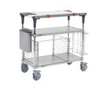 The Metro MS1836-FGFG-PK2 PrepMate MultiStation 36 Prep Station features solid galvanized top and bottom shelves with chrome posts, guardrails, two orange grips on the top shelf, a wire-barrier lower shelf, and an attached silver box.