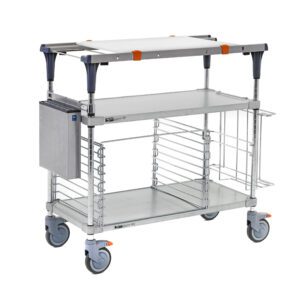 The Metro MS1836-FGFG-PK2 PrepMate MultiStation 36 Prep Station features solid galvanized top and bottom shelves with chrome posts, guardrails, two orange grips on the top shelf, a wire-barrier lower shelf, and an attached silver box.