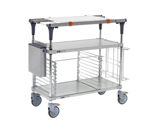 gtkt2b4yn9ghp28inwv7l57lf65h4zmx.jpg The Metro MS1836-FGFG-PK2 PrepMate MultiStation 36 Prep Station features solid galvanized top and bottom shelves with chrome posts, guardrails, two orange grips on the top shelf, a wire-barrier lower shelf, and an attached silver box.