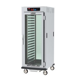 The Metro C599X-SFC-LPFCA C5 9 Series pass-thru cabinet features a full-length clear glass door, lip load aluminum slides, and a digital control panel. Equipped with four caster wheels for mobility, its 220-240V, 50/60Hz operation ensures efficient performance at 1681-2000W.