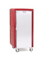 The Metro C549N-SUA C5 4N Series full-height non-powered insulated transport cabinet, in red, features universal wire slides, a stainless steel door, and four caster wheels to keep food warm during transit.