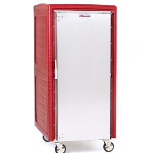 The Metro C549N-SUA C5 4N Series full-height non-powered insulated transport cabinet, in red, features universal wire slides, a stainless steel door, and four caster wheels to keep food warm during transit.