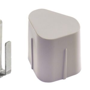 The Metro MAX4-9996 Intermediate S Hook Kit for MetroMax 4 Industrial Plastic Shelving is displayed with metal wall mount brackets and white plastic cover caps, all set against a white background. The shiny hooks enhance the curved design of the caps beautifully.