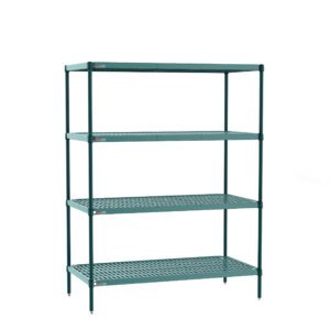 The Metro PR-245463K3-S-4 Super Erecta Pro 4-Shelf Unit, 24 x 54 x 63, has a green metal frame, vertical rods, and perforated shelves with removable plastic mats, all set against a white background.