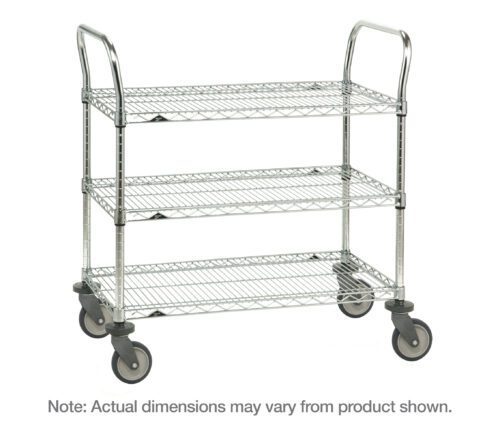gyqvfs5brwki5vydzey63bzy4l2zdijf.jpg The Metro 3SPN56PS SP Series Utility Cart, featuring three stainless steel wire shelves and measuring 24 x 60 x 39, includes four large gray wheels and two handles. Actual dimensions may differ from those shown.