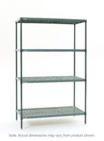 The Metro Super Erecta Pro EZPR1848NK3-4 is a four-tier green metal shelving unit with mesh shelves, measuring 18 x 48 x 74, set against a white background. Note: dimensions may vary from the product shown.