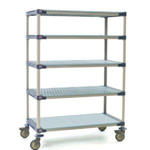 The MetroMax 4 5-Shelf Industrial Plastic Shelving Mobile Cart (5X557PG4) includes five gray perforated shelves, a solid bottom shelf, and four caster wheels for storage and transport. Approximate dimensions are 24 x 48 x 79.3125.