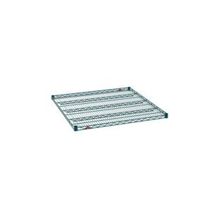 The Metro Super Erecta 3636NK3 industrial wire shelf, featuring a grid pattern and Metroseal Green Epoxy finish, is shown on a white background. This 36 x 36 shelf has a label in one corner and is perfect for storage and organization.