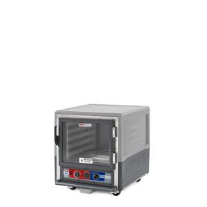 The Metro C533-MXFC-L-GYA C5 3 Series Insulated Moisture Heated Holding/Proofing Cabinet features a gray design, undercounter size, full-length clear door, and a control panel with red and blue dials. It operates at 220-240V, 50/60Hz, is mobile with wheels, and has a compact square shape for easy transport.
