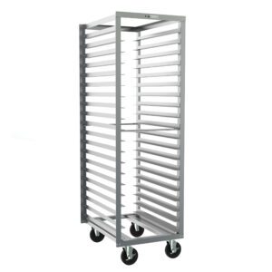 The Metro RD3N End-Load Pan Rack features 3 slide spacing for optimal storage or transport, measuring 21.5 x 29 x 69.75. Its sturdy open build is supported by four black caster wheels for easy mobility, and its silver finish adds a sleek touch.