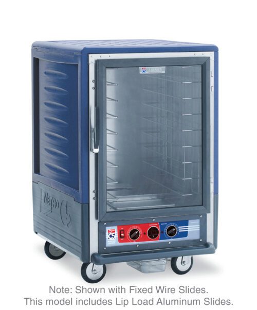 The Metro C535-MFC-L-BUA is a blue insulated 1/2 height heated holding/proofing cabinet with a full-length clear glass door, lip load aluminum slides, and a silver/red control panel at the bottom. It features mobility wheels and operates on 120V, 60Hz, and 2000W.