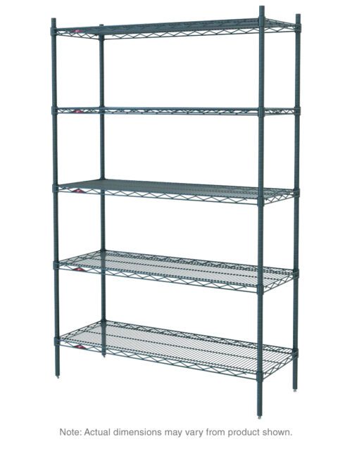 The Metro 5N477K3 Super Erecta 5-Shelf Industrial Wire Shelving Starter Unit features adjustable wire shelves and a sturdy green epoxy frame, measuring 21 x 72 x 74.