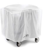 The transparent Metro PCDV11A Vinyl Dust Cover, with 11 visible on its side, drapes over an adjustable poker chip dish dolly (PCD11A), revealing its contours.