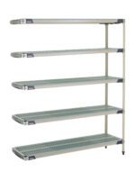 The MetroMax i 5AX367GX3 18 x 60 x 74 plastic shelving unit features five adjustable perforated shelves and four vertical supports, offering a versatile industrial design ideal for various storage needs.