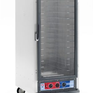The Metro C517-PFC-LA C5 1 Series Proofing Cabinet is a 3/4 height unit with lip load aluminum slides, fixed wire shelves, a clear glass door, and wheels for mobility. It features bottom front control dials and operates on 120V, 60Hz, 1440W power.