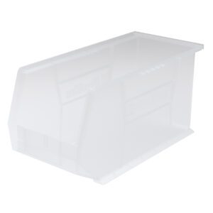 The Metro MB30265CLSH Supply Bin, measuring 18 x 8.25 x 9, features an open front for easy access. Its clear, rectangular design is optimized for organizing small items and stands out against a plain white background.