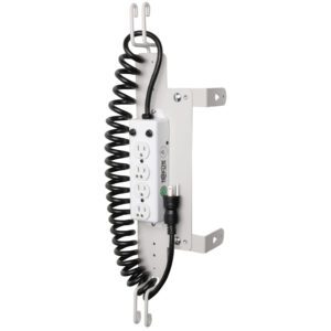 The Metro FL305-4US Hospital-Grade Power Strip, with a Type B Plug and black coiled cord, mounts vertically on a metal bracket for organized access, ideal for Flexline and Lifeline carts.