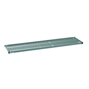 The Metro Super Erecta Pro PR1872NK3 Industrial Wire Restaurant Shelf, measuring 18 x 72, features a green metal slotted design and includes a removable plastic mat, perfect for storage or organization against a plain white background.