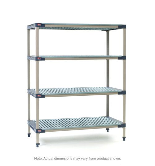 The MetroMax 4 X456G4 4-Shelf Plastic Industrial Shelving Starter Unit measures 21 x 48 x 63, with a metal design featuring ventilated perforated shelves and slats, displayed on a white background. Note: Actual dimensions may vary.
