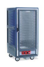 The Metro C537-HFC-4-BU C5 3 Series Insulated Holding Cabinet in blue features a full-length clear door, fixed wire slides, and a bottom control panel. This 3/4 height, mobile heated cabinet operates at 120V and 60Hz with wheels for easy transport.