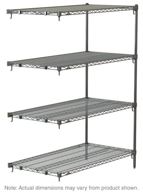 hg204enk6kv6c47qq1lt00oc70y3h5un.jpg The chrome Metro Super Adjustable Super Erecta AA416C 4-Shelf Industrial Wire Shelving Add-On Unit, shown on a white background, features adjustable 21 x 24 x 63 dimensions with three open shelves supported by vertical posts; actual dimensions may vary.