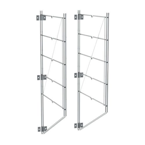 Two metallic wall trellises with hinged frames and diagonal wire patterns are shown open. With mounting brackets like Metro 18WB5C Erecta Shelf Wall Mounts, they are perfect for supporting climbing plants on up to five 18 wide Erecta wire shelves.