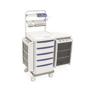 Introducing the Metro SXRXSANES2 Starsys Anesthesia Cart with Electronic Touchpad—a mobile medical cart with six blue drawers, wheels, an extended side table, multiple shelves, and an overhead tray for organizing medical equipment effortlessly.
