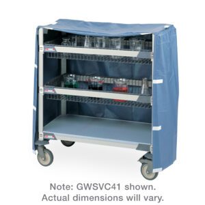 The Metro GWSVC62 Blue Glassware Cart Cover for Tall Units is designed for a blue, three-shelf utility cart with wire baskets, featuring large wheels for easy mobility. Note: GW5VC41 shown; actual dimensions may vary.