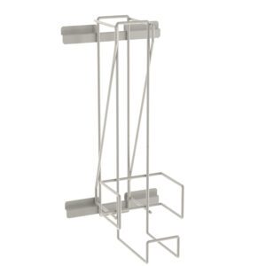 A minimalist, gray wall-mounted storage rack with multiple vertical and horizontal wire-frame bars, perfect for organizing brooms or mops and complementing spaces with Metro FL234-5 Flexline Oxygen Tank Holder, All Size Carts, 5.5 Diameter setups.