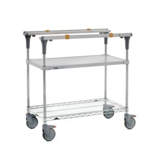 The Metro MS1836-FGBR PrepMate MultiStation 36 Prep Station features a solid galvanized top shelf, Brite Zinc wire bottom shelf with Chrome posts, and rolls smoothly on large caster wheels with adjustable support brackets and orange corner accents.