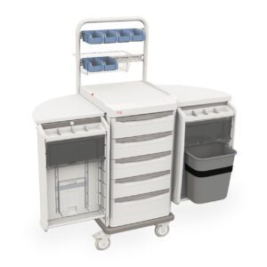 Introducing the Metro SXRSARTH Starsys Arthroscopic Cart: a mobile medical cart with multiple drawers, an attached trash bin, small top bins for extra storage, extended side flat surfaces for enhanced functionality, and wheels for easy movement.