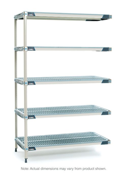 Tall five-tier MetroMax i 5AX377GX3 shelving unit with perforated shelves and blue accents, measuring 18 x 72 x 74. Offers industrial strength. Note: Actual dimensions may vary from product shown.