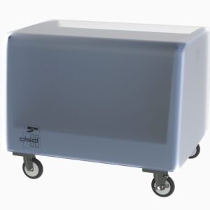 The Metro DSDV11 Vinyl Dust Cover for the Side-Load Polymer Dish/Tray Cart, in gray with a subtle logo, offers a sleek, boxy design. Its metallic wheels ensure smooth mobility against a plain white backdrop.