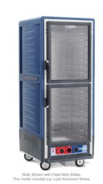 The Metro C539-MXDC-L-BUA is a blue, full-height insulated cabinet with Dutch clear doors and lip load aluminum slides. It features metal interior racks, a power switch, and control dials for 50/60Hz operation at 1681-2000W, highlighting its high-performance design.